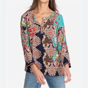 Johnny Was Indi Flower 3/4 Sleeve Henley Shirt Top Floral Paisley Blouse M